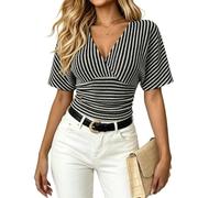 Womens Striped V Neck Blouse Short Sleeve Ruched Waist Dressy Casual Top (Black,XL)
