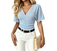 Womens Striped V Neck Blouse Short Sleeve Ruched Waist Dressy Casual Top (Blue,L)