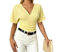 Womens Striped V Neck Blouse Short Sleeve Ruched Waist Dressy Casual Top (Yellow,XL)