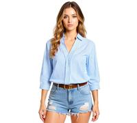Women's Striped V Neck Shirt 3/4 Sleeve Casual Button Down Blouse Summer Lightweight Cotton Linen Top for Work Beach Vacation Office Daily Wear