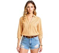 Women's Striped V Neck Shirt 3/4 Sleeve Casual Button Down Blouse Summer Lightweight Cotton Linen Top for Work Beach Vacation Office Daily Wear