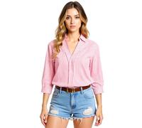 Women's Striped V Neck Shirt 3/4 Sleeve Casual Button Down Blouse Summer Lightweight Cotton Linen Top for Work Beach Vacation Office Daily Wear