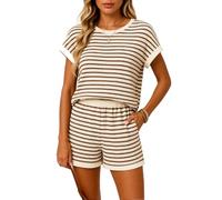 Women's Striped Waffle Knit 2 Piece Outfit Summer Casual Short Sleeve Crew Neck Top and Shorts Set with Pockets Loungewear Vacation Beach Wear