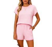 Women's Striped Waffle Knit 2 Piece Outfit Summer Casual Short Sleeve Crew Neck Top and Shorts Set with Pockets Loungewear Vacation Beach Wear