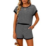 Women's Striped Waffle Knit 2 Piece Outfit Summer Casual Short Sleeve Crew Neck Top and Shorts Set with Pockets Loungewear Vacation Beach Wear