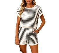 Women's Striped Waffle Knit 2 Piece Outfit Summer Casual Short Sleeve Crew Neck Top and Shorts Set with Pockets Loungewear Vacation Beach Wear