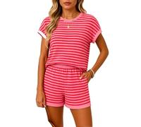 Women's Striped Waffle Knit 2 Piece Outfit Summer Casual Short Sleeve Crew Neck Top and Shorts Set with Pockets Loungewear Vacation Beach Wear