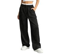Womens Striped Wide Leg Pants High Waisted Flowy Trousers with Pockets (Black,L)