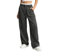 Womens Striped Wide Leg Pants High Waisted Flowy Trousers with Pockets (Gray,L)