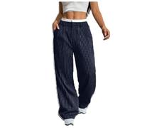 Womens Striped Wide Leg Pants High Waisted Flowy Trousers with Pockets (Navy,M)