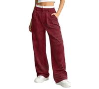 Womens Striped Wide Leg Pants High Waisted Flowy Trousers with Pockets (Red,S)
