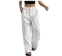 Womens Striped Wide Leg Pants High Waisted Flowy Trousers with Pockets (White,M)