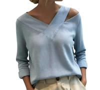 Women's Stylish V-Neck Off-The-Shoulder Top Women Long Sleeve Regular Solid Regular T-Shirts Casual Daily Top (Blue,XL)