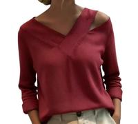 Women's Stylish V-Neck Off-The-Shoulder Top Women Long Sleeve Regular Solid Regular T-Shirts Casual Daily Top (Red,XL)