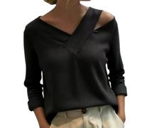 Women's Stylish V-Neck Off-The-Shoulder Top Women Long Sleeve Regular Solid Regular T-Shirts Casual Daily Top (Black,3XL)