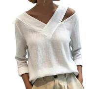 Women's Stylish V-Neck Off-The-Shoulder Top Women Long Sleeve Regular Solid Regular T-Shirts Casual Daily Top (White,3XL)