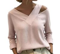 Women's Stylish V-Neck Off-The-Shoulder Top Women Long Sleeve Regular Solid Regular T-Shirts Casual Daily Top (Pink,3XL)