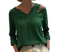 Women's Stylish V-Neck Off-The-Shoulder Top Women Long Sleeve Regular Solid Regular T-Shirts Casual Daily Top (Green,3XL)