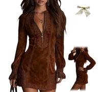 Womens Suede V-Neck Zip-Up Dress,Sexy Western Cowgirl Suede Dress with Lace Trim,Long Sleeve Solid Retro Mini Dresses (FR/ES, Letras, M, Regular, Regular, Brown)
