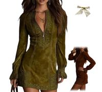 Womens Suede V-Neck Zip-Up Dress,Sexy Western Cowgirl Suede Dress with Lace Trim,Long Sleeve Solid Retro Mini Dresses (FR/ES, Letras, L, Regular, Regular, Green)