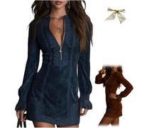Womens Suede V-Neck Zip-Up Dress,Sexy Western Cowgirl Suede Dress with Lace Trim,Long Sleeve Solid Retro Mini Dresses (FR/ES, Letras, XXL, Regular, Regular, Blue)