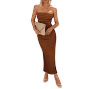 Womens Summer Bodycon Maxi Tube Dress Ribbed Strapless Side Slit Long Going out Casual Elegant Party Dresses(Coffee,M)