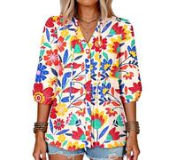 Women's Summer Bohemian Floral Print Button Down V Neck 3/4 Sleeve Ruffle Babydoll Casual Loose Tunic Shirt Blouse Top for Beach Vacation