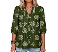 Women's Summer Bohemian Floral Print Button Down V Neck 3/4 Sleeve Ruffle Babydoll Casual Loose Tunic Shirt Blouse Top for Beach Vacation
