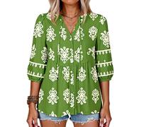 Women's Summer Bohemian Floral Print Button Down V Neck 3/4 Sleeve Ruffle Babydoll Casual Loose Tunic Shirt Blouse Top for Beach Vacation