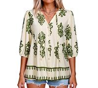 Women's Summer Bohemian Floral Print Button Down V Neck 3/4 Sleeve Ruffle Babydoll Casual Loose Tunic Shirt Blouse Top for Beach Vacation