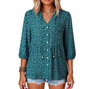 Women's Summer Bohemian Floral Print Button Down V Neck 3/4 Sleeve Ruffle Babydoll Casual Loose Tunic Shirt Blouse Top for Beach Vacation