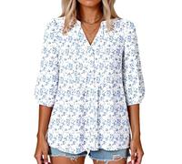 Women's Summer Bohemian Floral Print Button Down V Neck 3/4 Sleeve Ruffle Babydoll Casual Loose Tunic Shirt Blouse Top for Beach Vacation