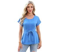 Women's Summer Casual Blouse Short Sleeve Pleated Front Top with Self Tie Belt Green Fashion Round Neck Shirt for Work Daily Wear
