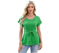 Women's Summer Casual Blouse Short Sleeve Pleated Front Top with Self Tie Belt Green Fashion Round Neck Shirt for Work Daily Wear