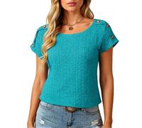 Women's Summer Casual Eyelet Lace Top Short Sleeve Round Neck Button Detail Blouse Solid Color Hollow out Shirt for Vacation Beach Party Casual