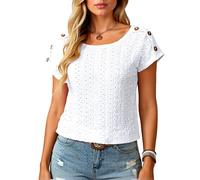 Women's Summer Casual Eyelet Lace Top Short Sleeve Round Neck Button Detail Blouse Solid Color Hollow out Shirt for Vacation Beach Party Casual