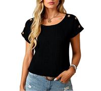 Women's Summer Casual Eyelet Lace Top Short Sleeve Round Neck Button Detail Blouse Solid Color Hollow out Shirt for Vacation Beach Party Casual