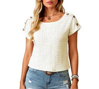 Women's Summer Casual Eyelet Lace Top Short Sleeve Round Neck Button Detail Blouse Solid Color Hollow out Shirt for Vacation Beach Party Casual