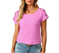 Women's Summer Casual Eyelet Lace Top Short Sleeve Round Neck Button Detail Blouse Solid Color Hollow out Shirt for Vacation Beach Party Casual