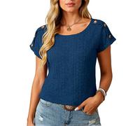 Women's Summer Casual Eyelet Lace Top Short Sleeve Round Neck Button Detail Blouse Solid Color Hollow out Shirt for Vacation Beach Party Casual