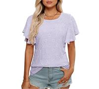Women's Summer Casual Eyelet Lace Top Short Sleeve Ruffle Hollow out Blouse Lightweight Breathable Crochet Shirt for Beach Vacation Daily Wear