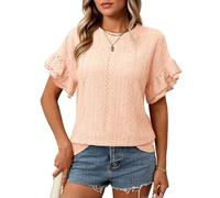 Women's Summer Casual Eyelet Lace Top Short Sleeve Ruffle Sleeve Crew Neck Solid Color Loose Fit Blouse Shirt for Daily Wear Vacation Beach