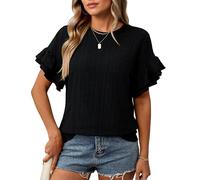 Women's Summer Casual Eyelet Lace Top Short Sleeve Ruffle Sleeve Crew Neck Solid Color Loose Fit Blouse Shirt for Daily Wear Vacation Beach