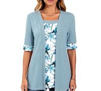 Women's Summer Casual Fake Two Piece Short Sleeve Floral Print Spliced Ribbed Knit Cardigan Top Blouse Open Front Lightweight Tunic Shirt for Ladies