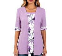 Women's Summer Casual Fake Two Piece Short Sleeve Floral Print Spliced Ribbed Knit Cardigan Top Blouse Open Front Lightweight Tunic Shirt for Ladies