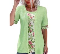 Women's Summer Casual Fake Two Piece Short Sleeve Floral Print Spliced Ribbed Knit Cardigan Top Blouse Open Front Lightweight Tunic Shirt for Ladies