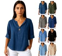 Women's Summer Casual Half Sleeve Button Down V Neck Blouse with Roll-Up Sleeves Loose Fit Top for Warm Weather Outfits