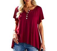 Women's Summer Casual Henley Neck T-Shirt Short Sleeve Loose Fit Blouse Top with Buttons High Low Hem Lightweight Flowy tee for Vacation Beach Daily Wear