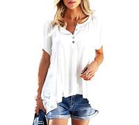 Women's Summer Casual Henley Neck T-Shirt Short Sleeve Loose Fit Blouse Top with Buttons High Low Hem Lightweight Flowy tee for Vacation Beach Daily Wear