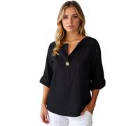 Women's Summer Casual Linen Blend V-Neck Button Down Shirt Loose Fit Short Sleeve Tunic Top with Pocket for Beach Vacation Daily Wear Black